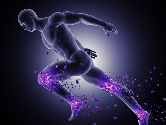 3D render of a male figure in sprinting pose with leg joints highlighted and shattering